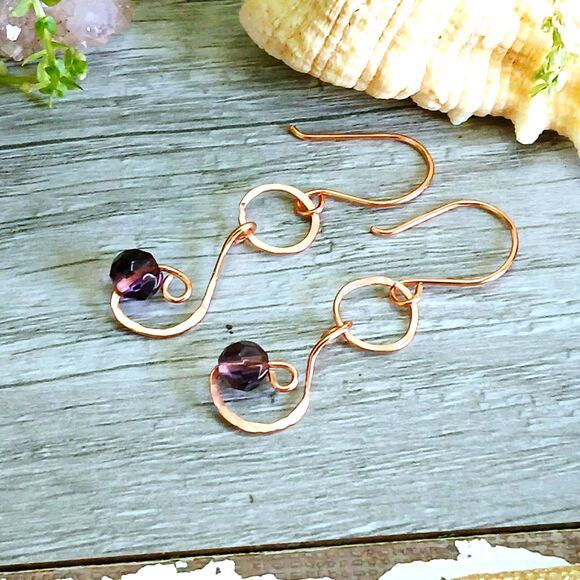 Boho Chic Purple Glass Beaded Dangle Earrings, Hammered Copper Jewelry 2" - Picture 5 of 6